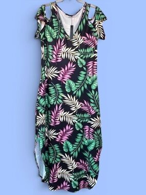 Maxi Dress V Neck Cold Shoulder Short‎ Sleeve Tropical Sz L NWT
